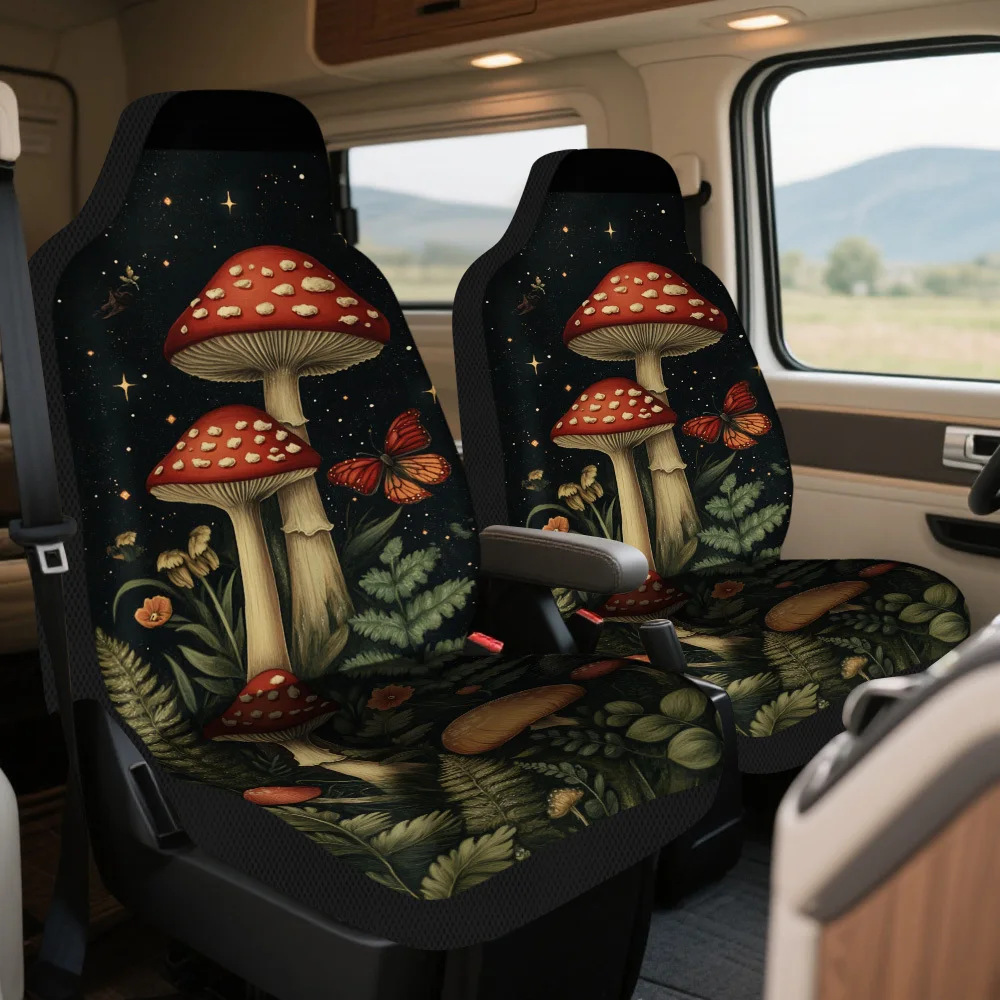 2pcs Horror Fantasy Starry Forest Mushroom Print Car Seat Covers – Universal Fit For Most Cars, Trucks, Vans, And SUVs | Durable