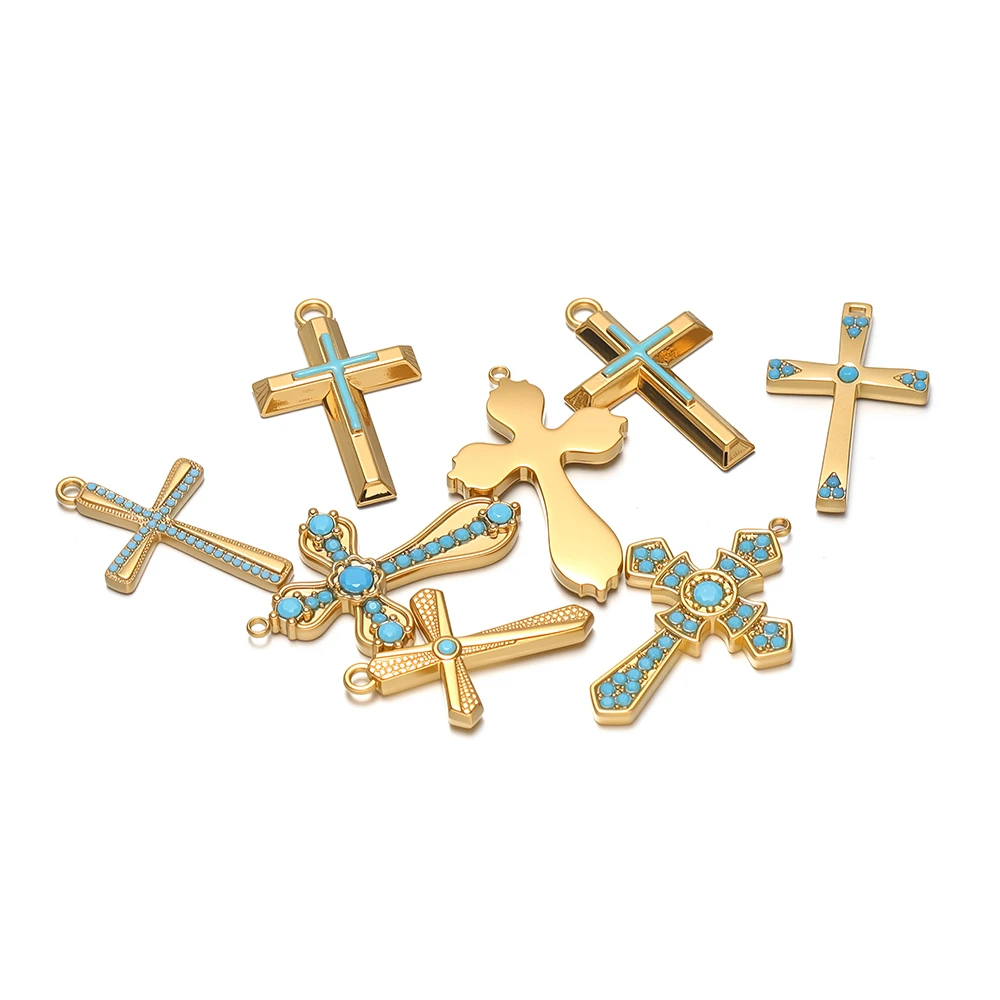 4 Stück Edelstahl-Kreuzanhänger mit Türkisstein, 18 Karat vergoldete Charms für die Herstellung von DIY-Schmuck, Halsketten und Ohrringen – Detail 1