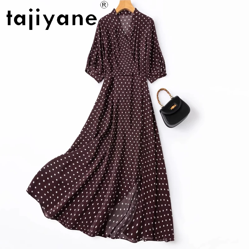 

TAJIYANE 100% Mulberry Silk Long Dress for Women Elegant V-neck Party Dresses Real Silk Summer Frocks Woman Clothes 2026 платье