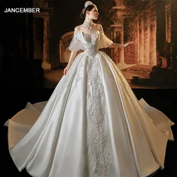 Jancember Elegant Luxury Satin Wedding Dress 2024 Short Sleeves Boat Neck Embroidery Lace Up Bow Vestido De Novia LSMX016
