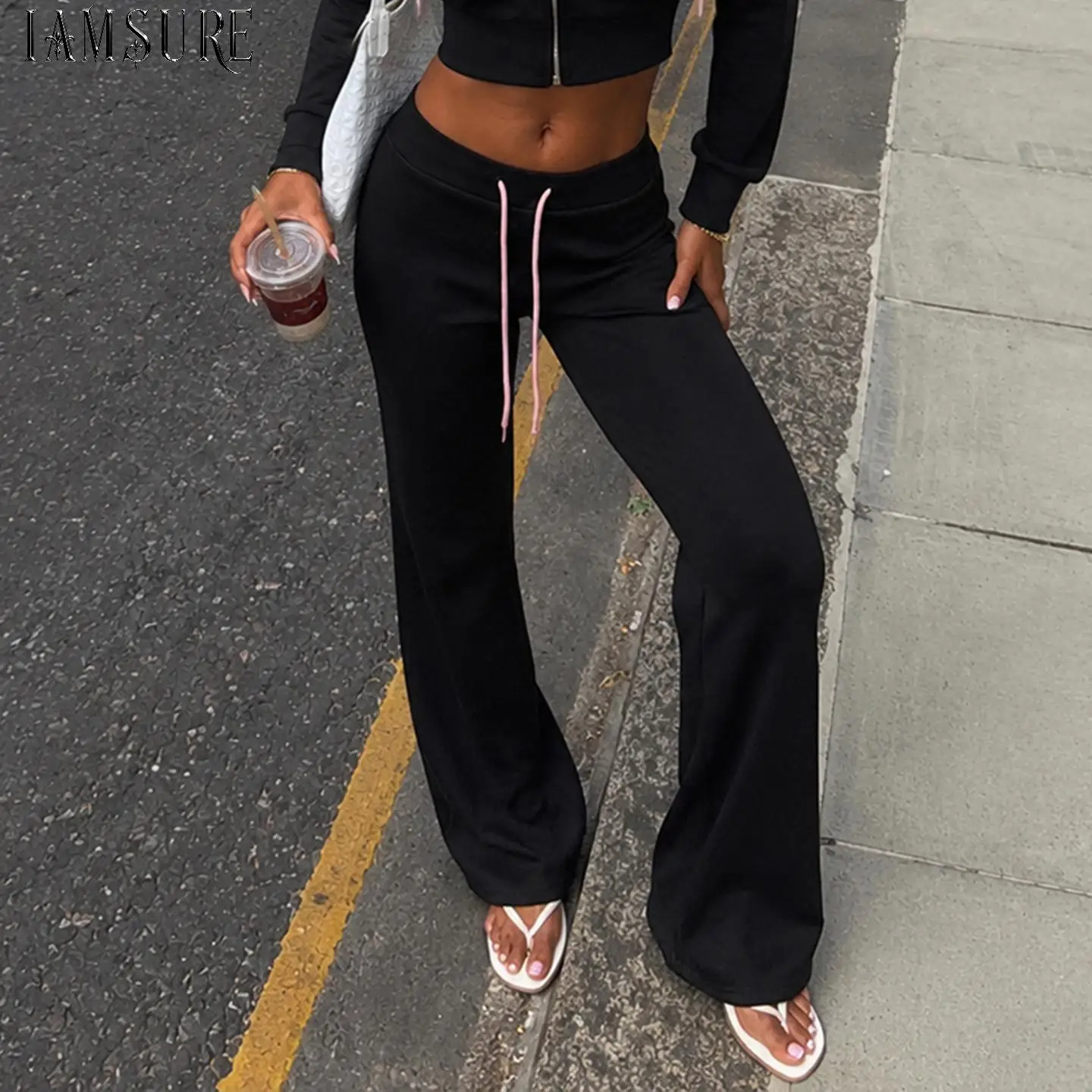 Damen-Sweatpants mit Kordelzug in der Taille, einfarbig schwarz, weicher Strick, ausgestellte Schlaghose, lässige Y2K-Streetwear, tägliche Sport-Bootcut-Hose