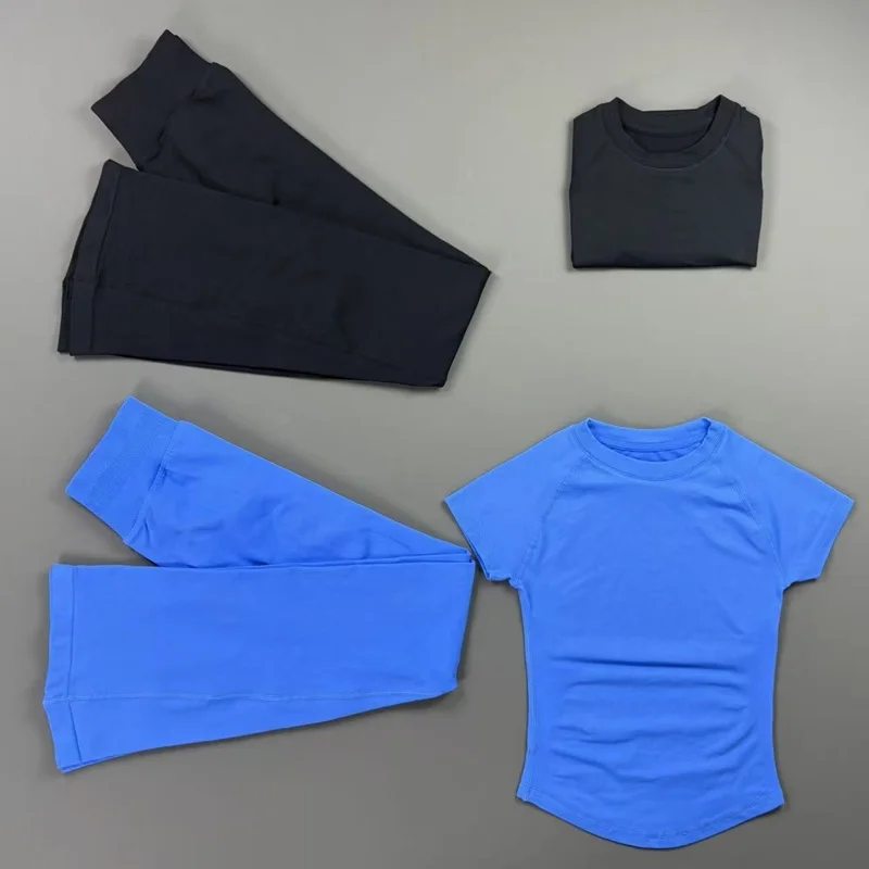 2-teiliges Gym-Flare-Leggings-Set für Damen: Sportliches Kurzarm-Oberteil, Nahtloses Yoga-T-Shirt, Fitness-Schlaghose, Yoga-Trainingsanzug – Detail 14