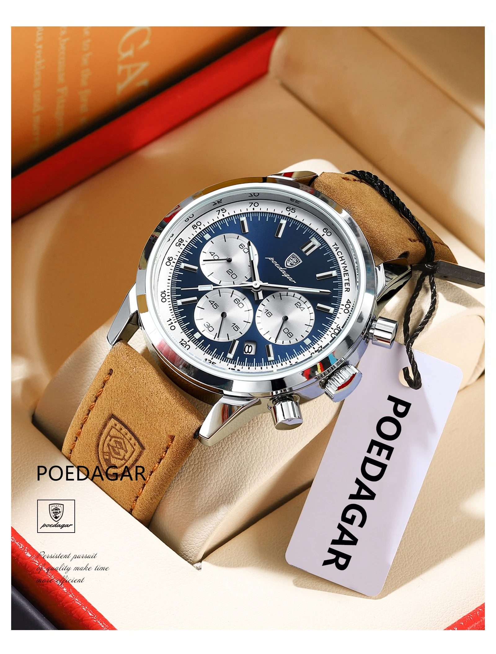 POEDAGAR Mode herren Uhr Wasserdicht Leucht Leder Military Mann Armbanduhr Chronograph Quarz Luxus Uhren Für Männer Reloj – Detail 16