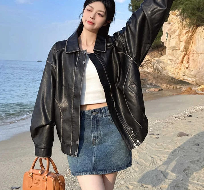 Vintege Brown Jacket for Women PU Leather Bomber Jacket Spring Autumn Demi-season Jackets Outerwears Fashion Women Clothing