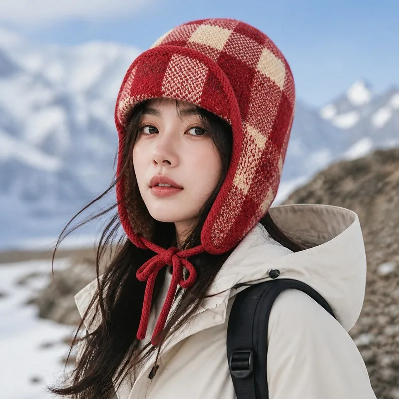 Red Plaid Knit Earflap Beanies for Women Winter Warm Checkered Pullover Hat Soft Fleece Lining Tie String Ear Protection Cap