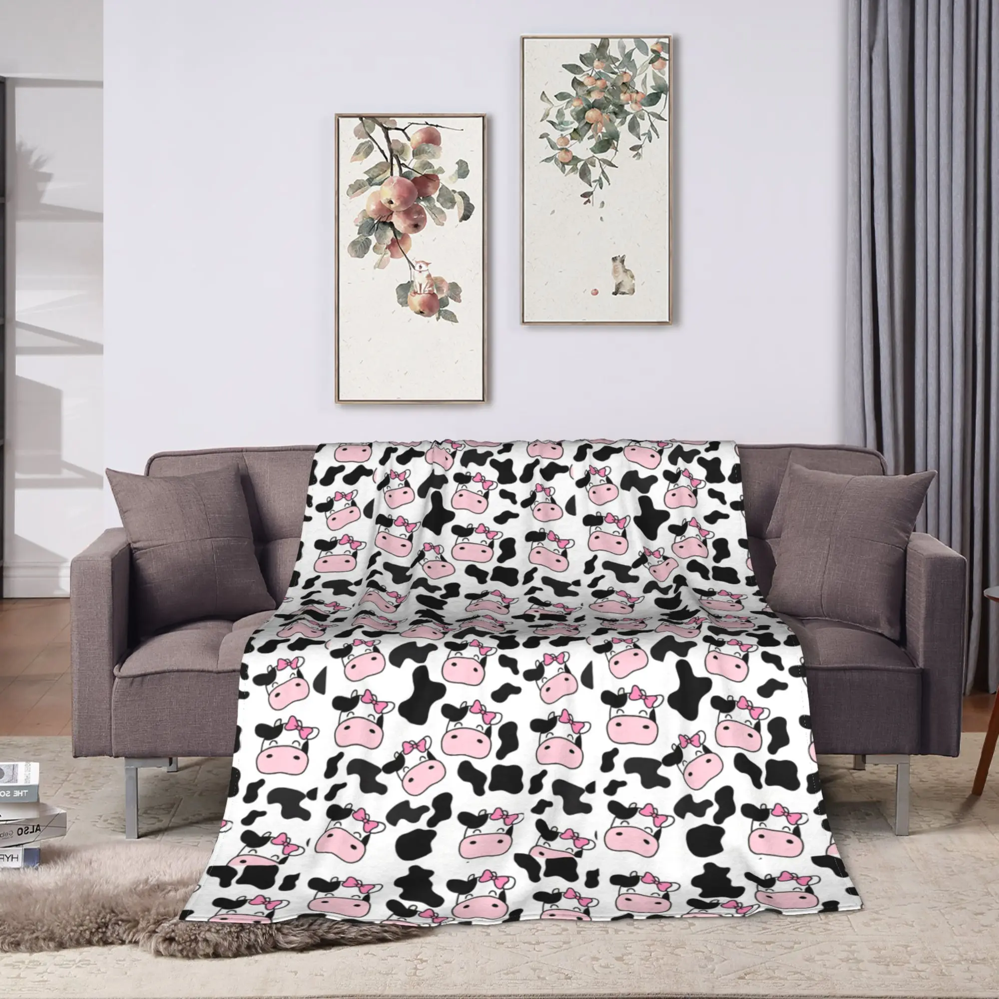 Cute Cow Head With Pink Bow Cow Flannel Blanket Adults Child  Super Soft Throw Blanket Winter Living Room Bedspread Bed Cover