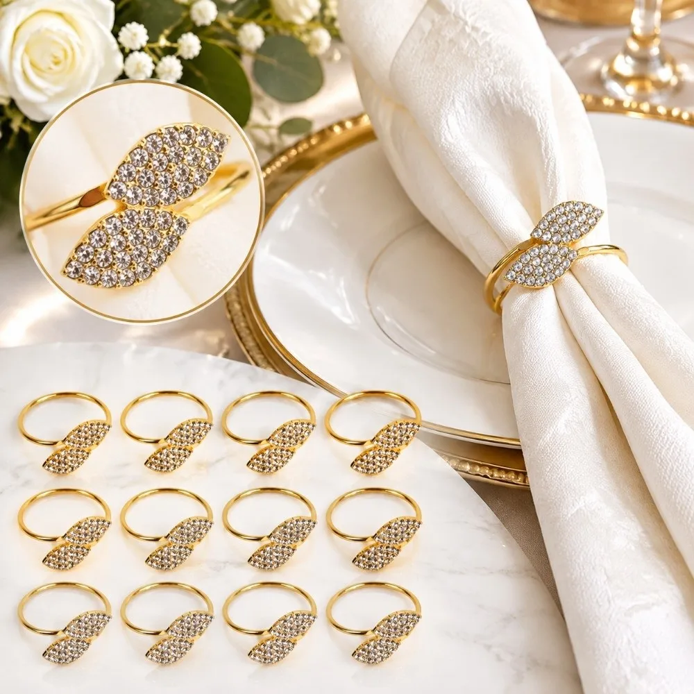 12 PCS Zinc Alloy Napkin Ring Set Rhinestone Decoration Gold Leaf Napkin Holders Buckle Closure Leaf Shape Napkin Holder