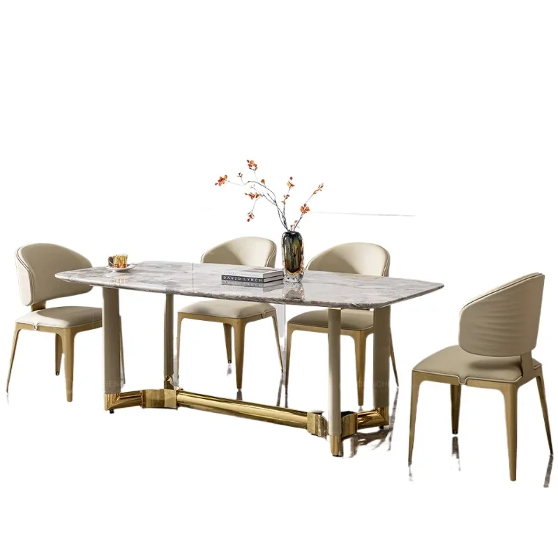 Hong Kong-style light luxury marble dining table rectangular high-end dining table 6-seater dining table and chair set