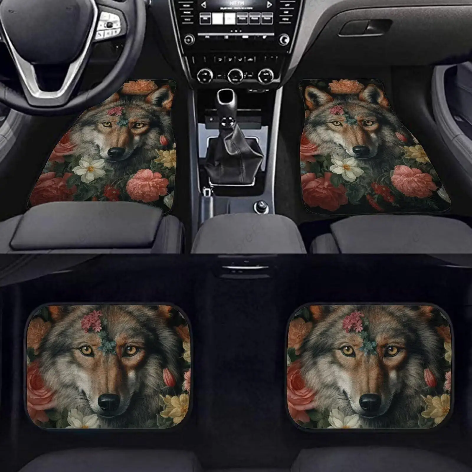 Durable Fabric Car Floor Mats Anime Wolf Flowers Auto Foot Mats Carpets With Non Slip Backing,Set Of 4pcs Car Carpet