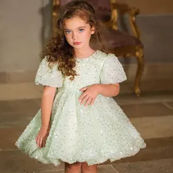 Jill Wish Luxury Elegant Shiny Sage Girl Dress Bow Princess Baby Kids Wedding Birthday Party Gown First Communion Pageant J156