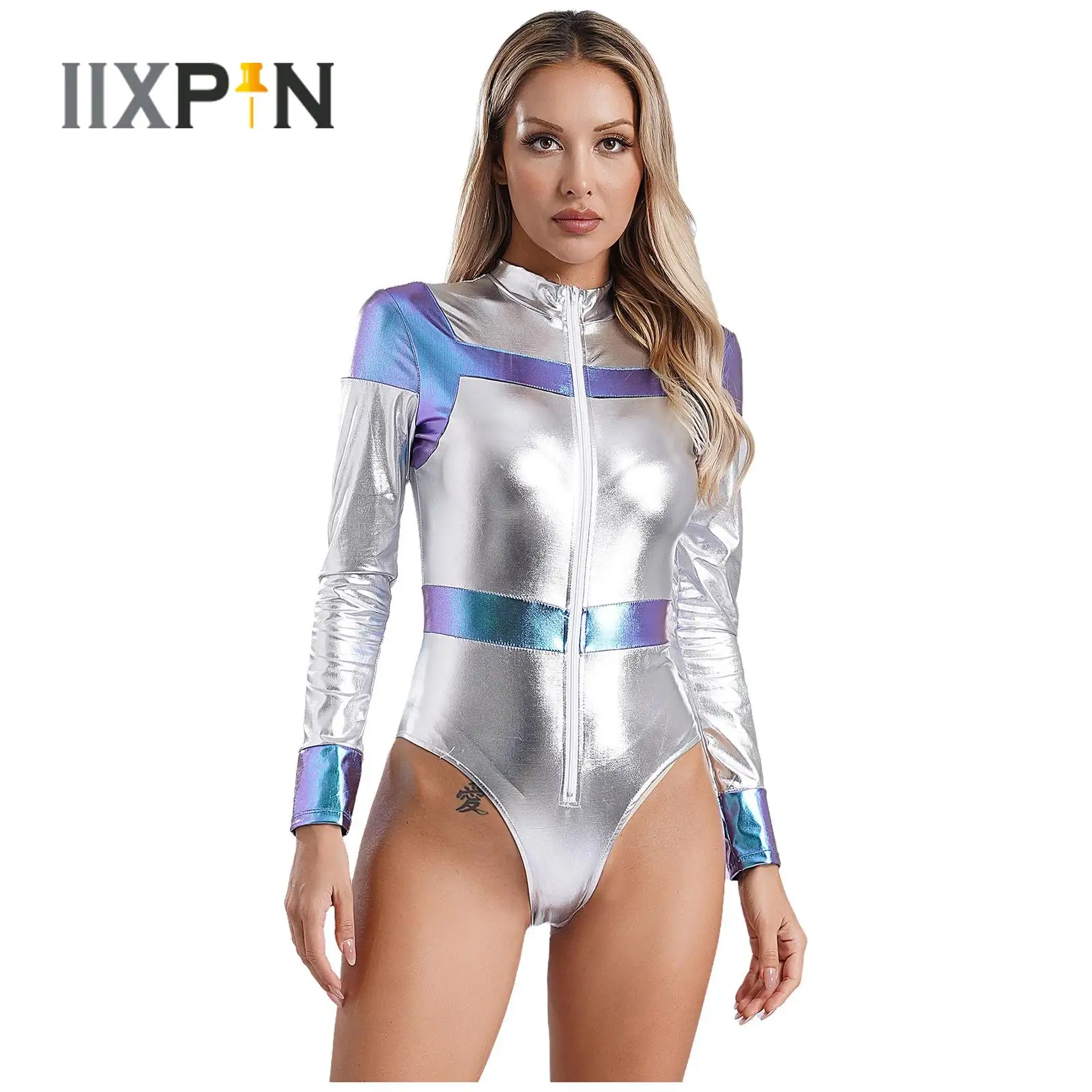 

Womens Halloween Space Astronaut Bodysuit Cosplay Costume Metallic Shiny Contrast Mock Neck Long Sleeve Bodycon Leotard Jumpsuit