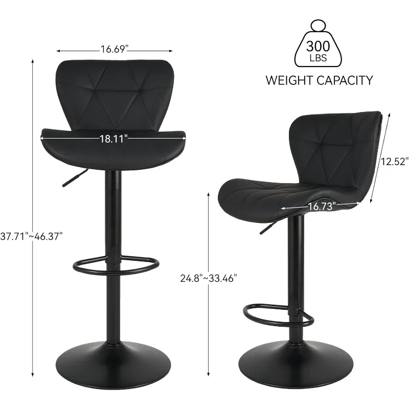 Bar Stools Set of 2, Adjustable Faux Leather Upholstered Swivel Bar Stools, Counter Height Bar Chairs with Back , Black