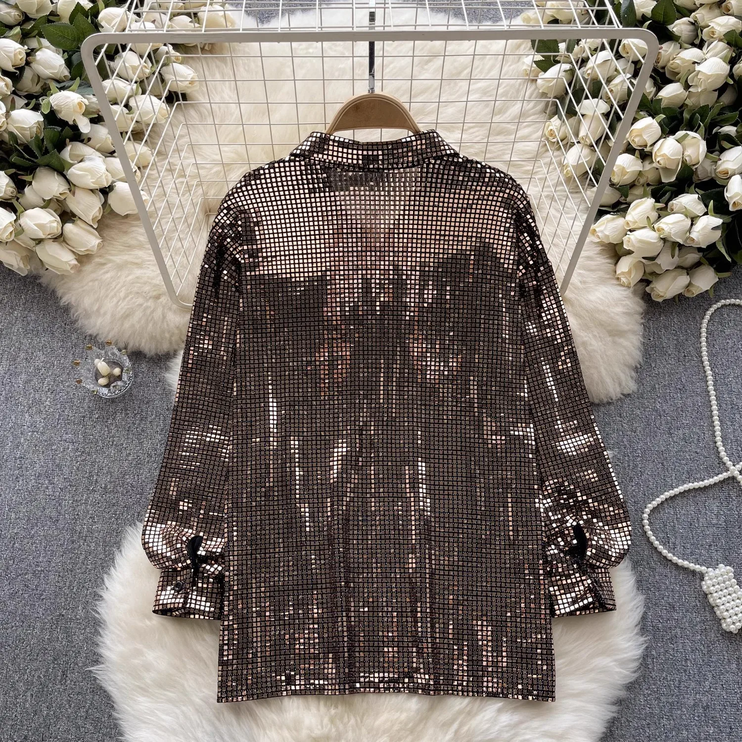 Long sleeve Plaid Sequined Shirt New Autumn Women's Fashion Turn-Down Collar Single-Breasted White Black Long Blouses Loose Tops