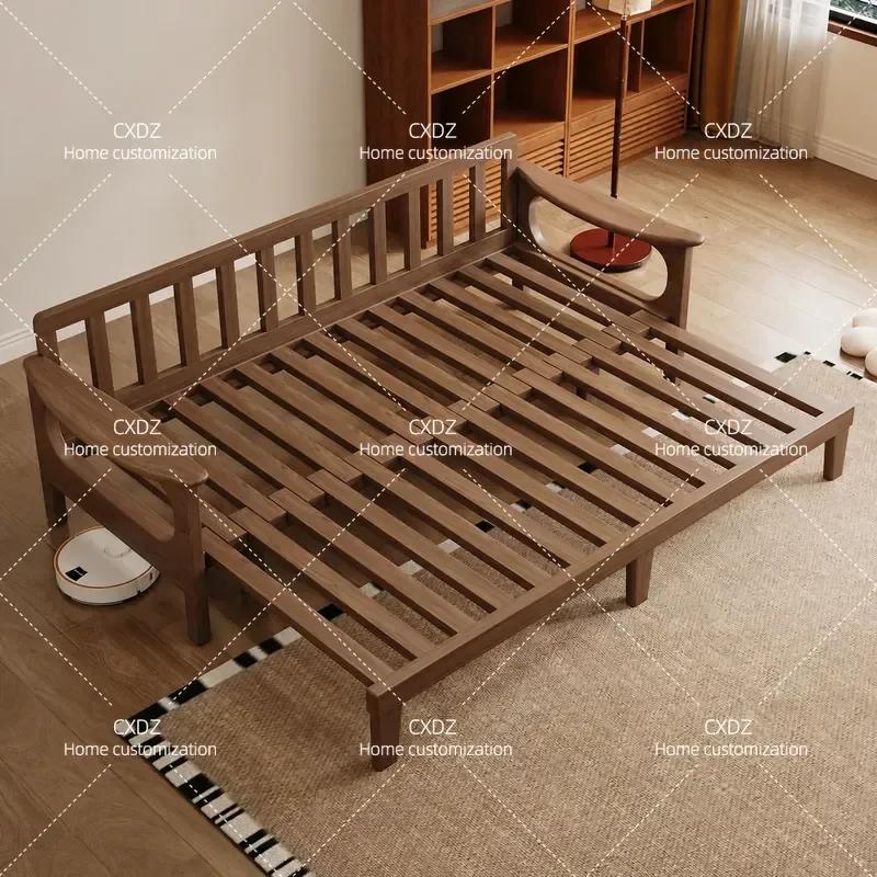 All Solid Wood Ash Pull Out Sofa Bed Folding Telescopic Couch for Small Apartment Bedroom Living Room Space Saving Furniture