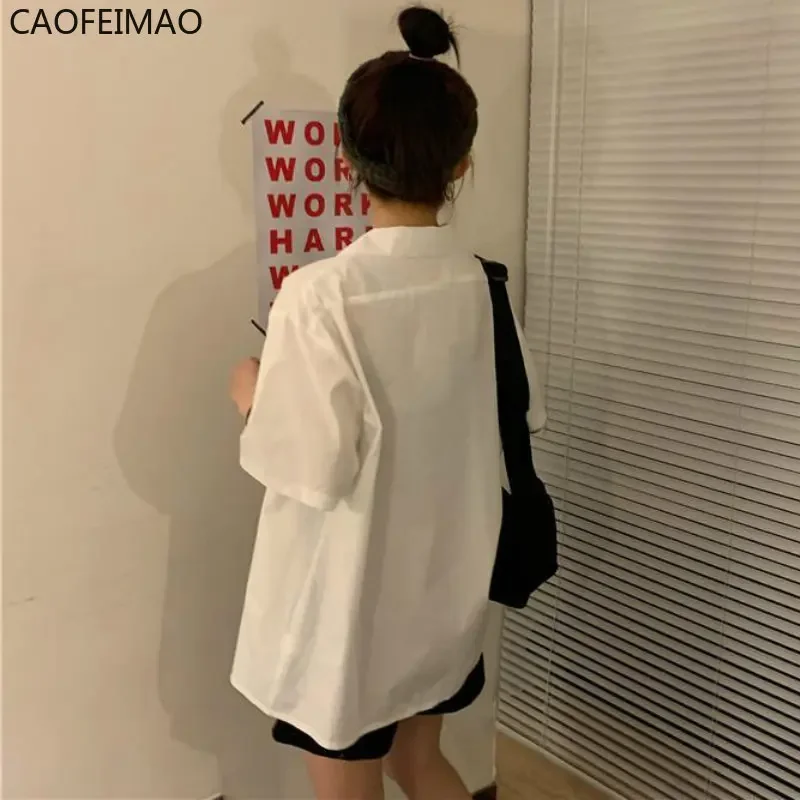 Shirts Women Short Sleeve Solid Bf Loose Turn Down Collar College Simple Stylish All-match Harajuku 2025 Summer Tops Clothing
