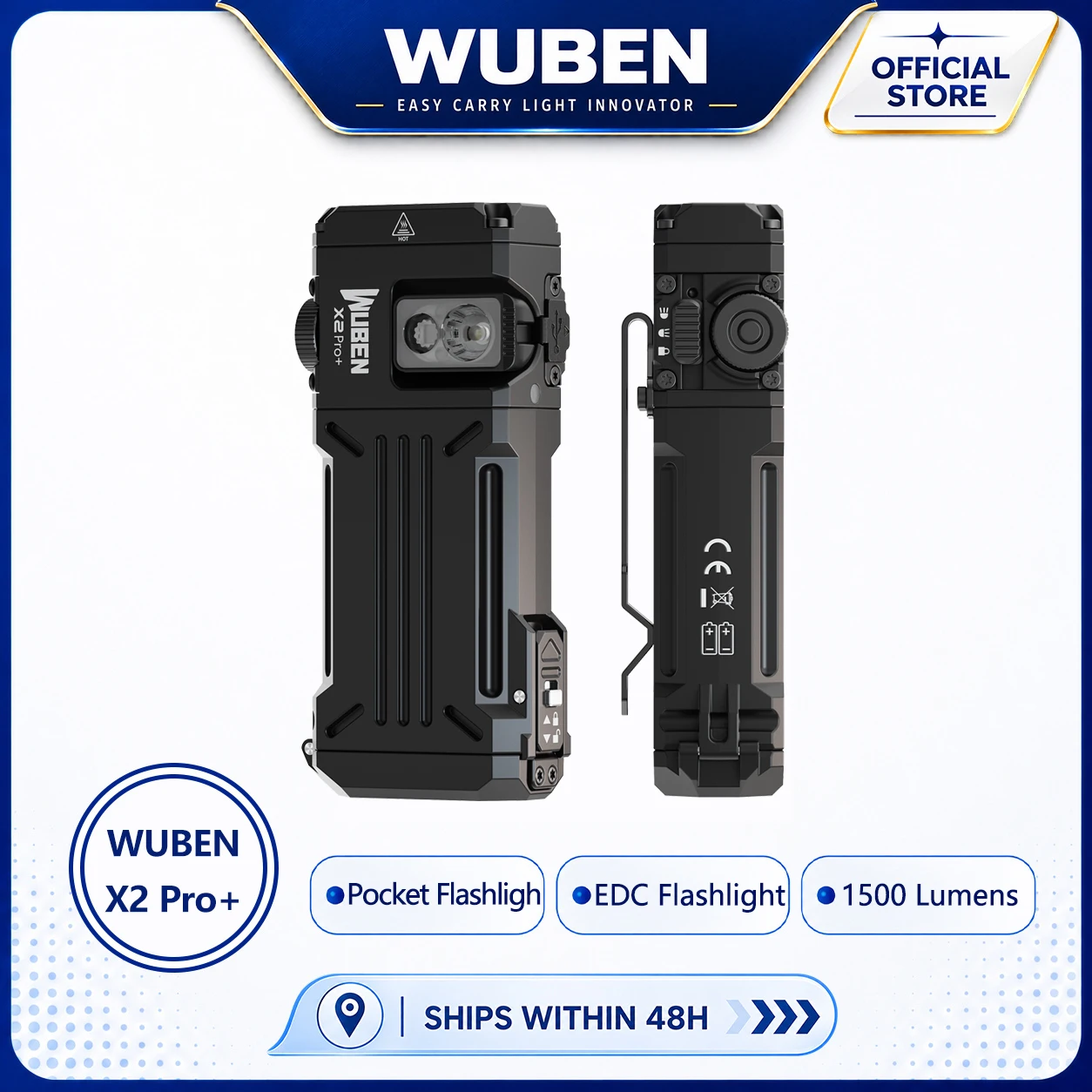 Wuben X2 Pro+ EDC Flashlight 1500 Lumens Type-C Rechargeable Protable IP65 Waterproof Magnetic Tail Include 2*920mAH Battery