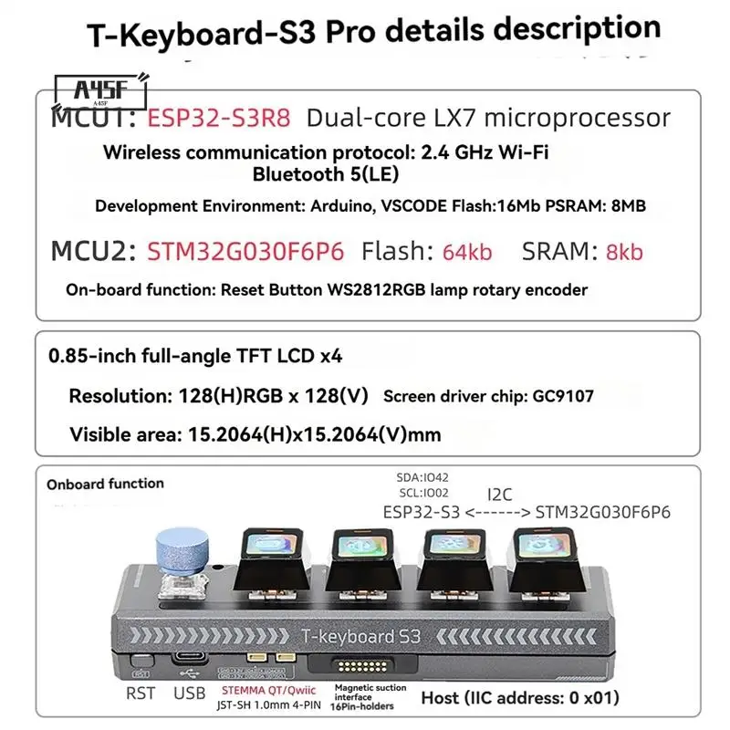 

A45F-LILYGO T-Keyboard-S3 Pro ESP32-S3 Keyboard Development Board 0.85-Inch LCD Button Wifi Bluetooth STM32 RGB Encoder Module