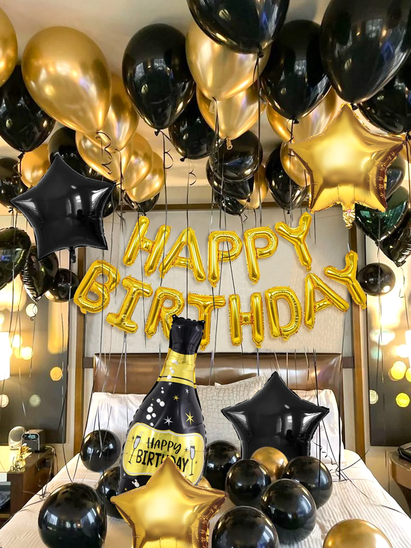 Juego de 43 globos con letras "Feliz Cumpleaños" en negro y dorado, adecuado para decoraciones para fiestas de cumpleaños y fiestas de aniversario