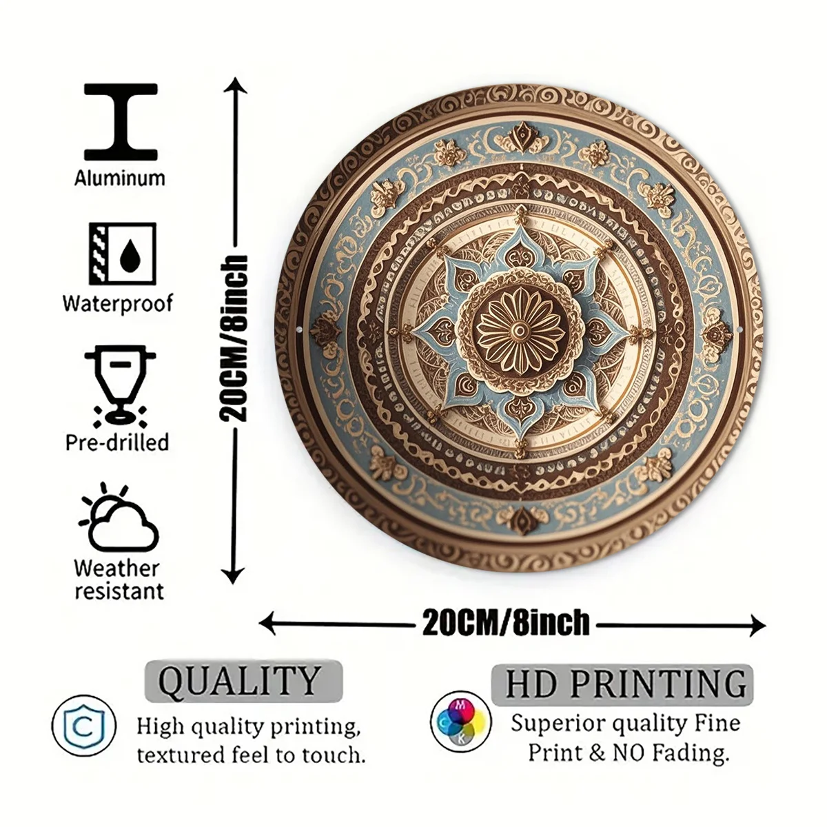 Avana 8 Inch Round Metal Wall Decor Turquoise Gold Mandala Bohemian Home Decor for Living Room Bedroom Bar
