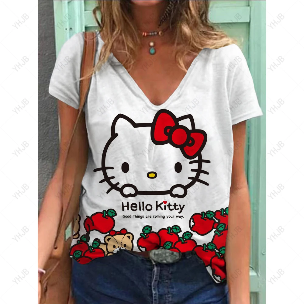 Cartoon T-shirt women\'s Hello Kitty printed short sleeved beautiful V-neck women\'s T-shirt casual summer top women\'s plus size c