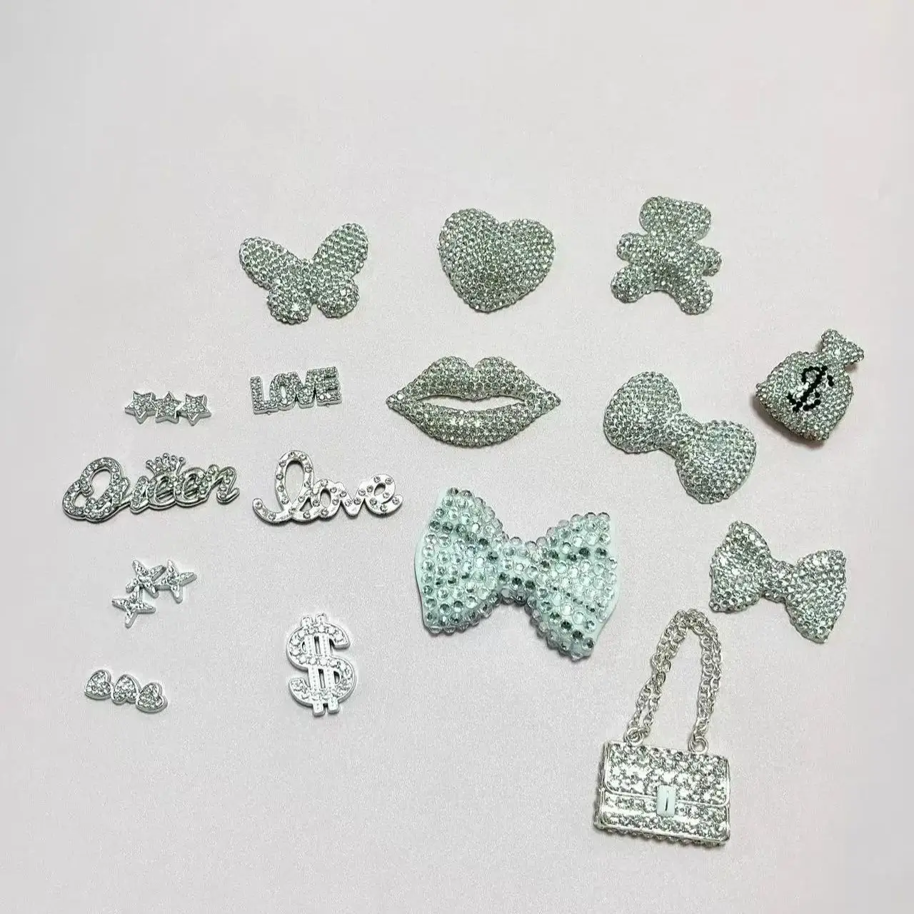2Pcs Y2K Full Diamond Bow Lips Ceramic Bottom Crown Lazy Makeup Mirror Junk Phone Case Decoration Charm Diy Storage Box Crafts