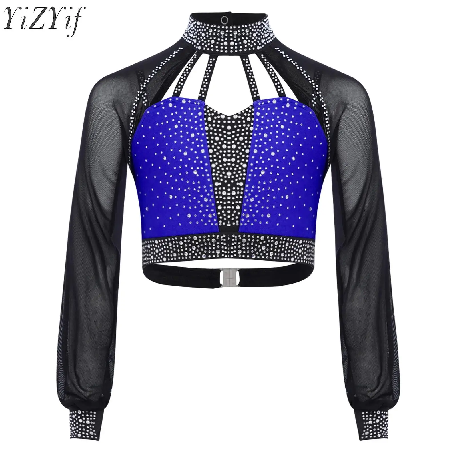 Kids Girls Rhinestones Crop Top Figure Skating Dancewear Performance Costume Sheer Mesh Long Sleeves Cutout Back Gymnastics Tops