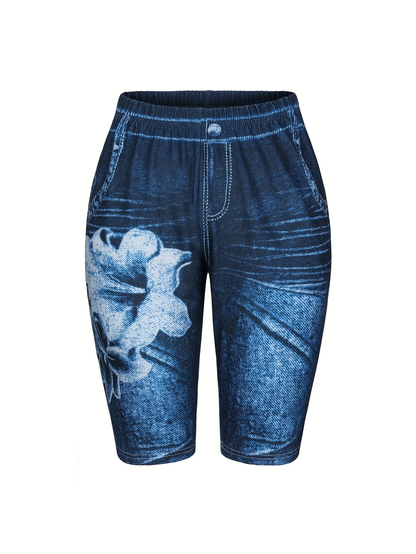 Lily Deep Blue Printed Imitation Denim Flower Slim Fitting Shorts For Women's Casual Leggings With High Elasticity