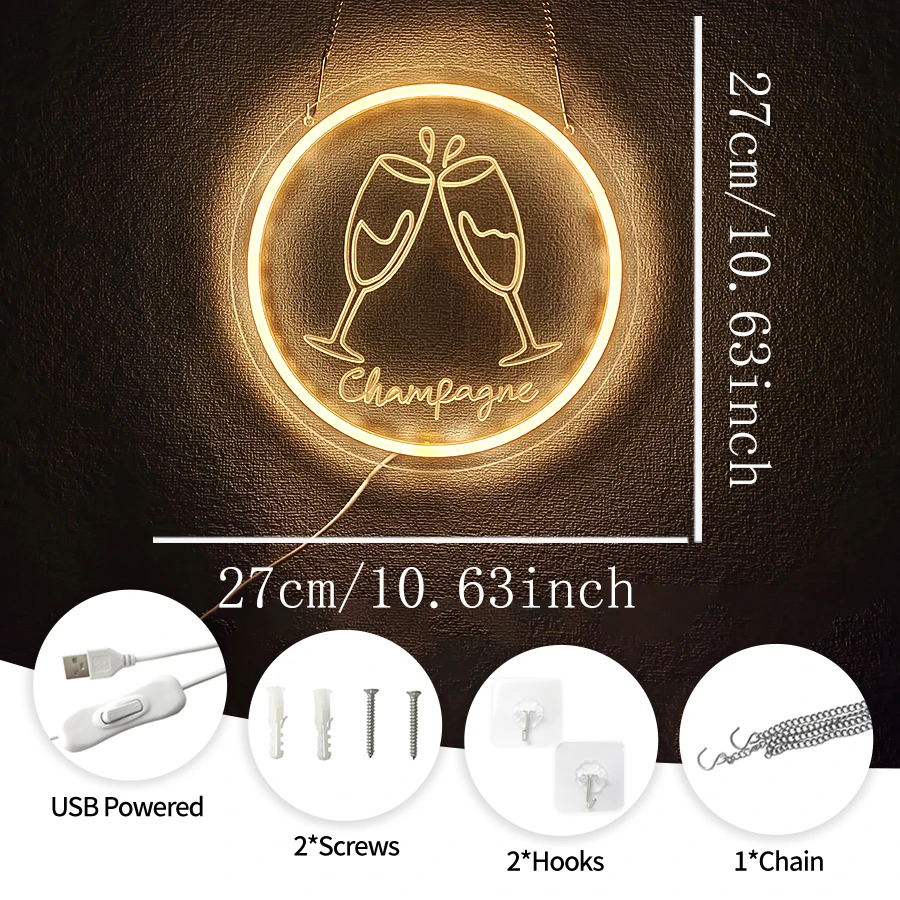 Warm White Champagne Cheers Neon Sign, USB Powered LED Round Wall Light for Bar Pub Restaurant Wedding Birthday Party Decor