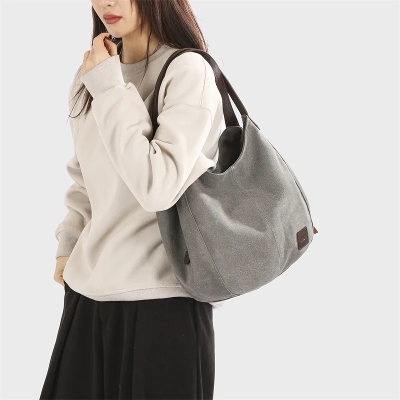 

Простая холщовая женская сумка, сумка на одно плечо, повседневная сумка-тоут большой вместимости с несколькими отделениями.