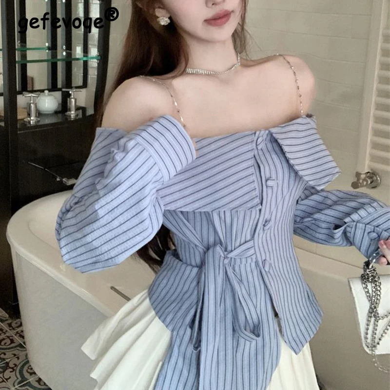 Women Korean Fashion Striped Print Lace-up Shirt Sexy Off Shoulder Chain Sling Slim Blouse Sweet Chic Long Sleeve Irregular Tops