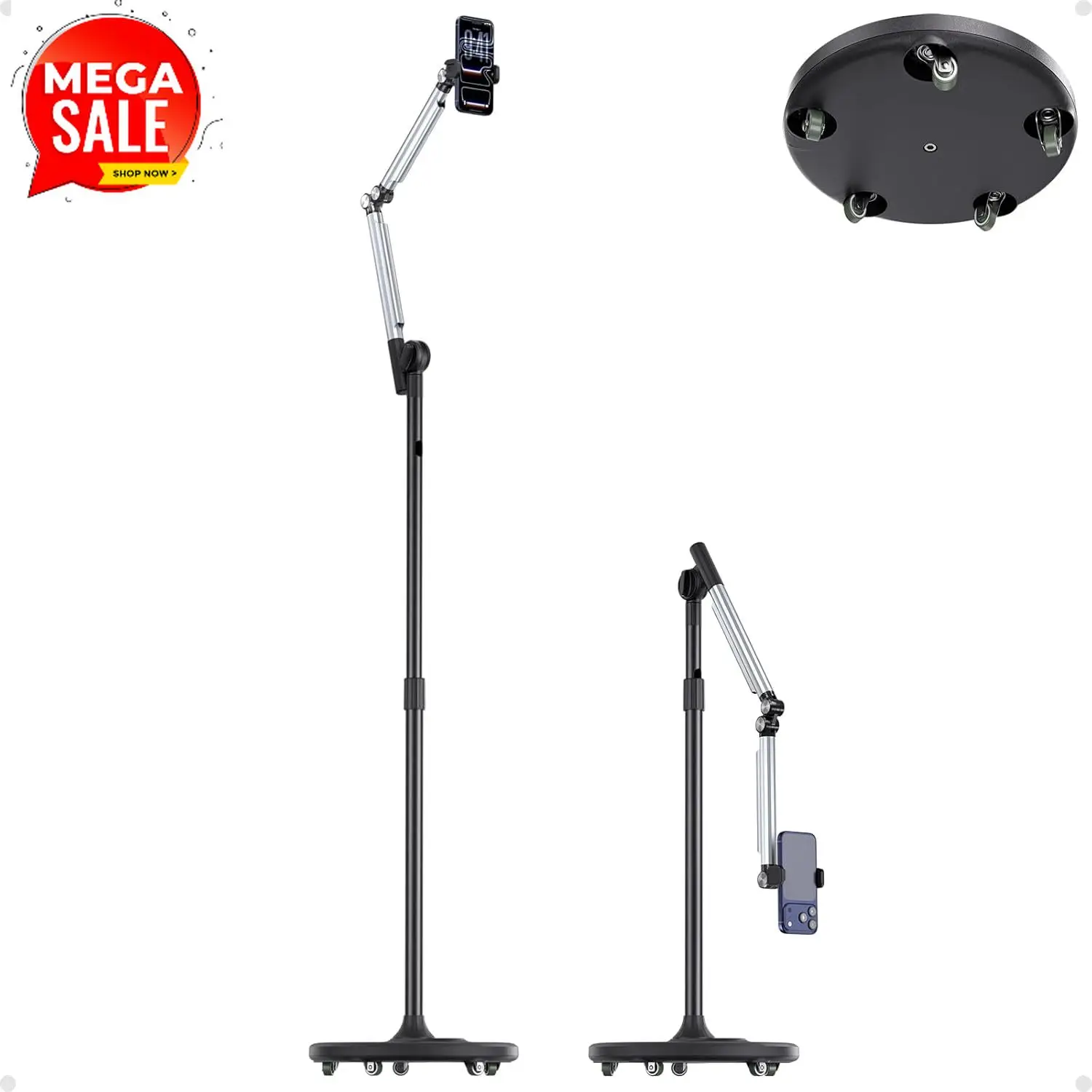 Floor Phone Stand for Recording, Overhead Phone Mount with Wheels and Weight Base, Free Rotation Aluminum Digital Heavy Duty Sta