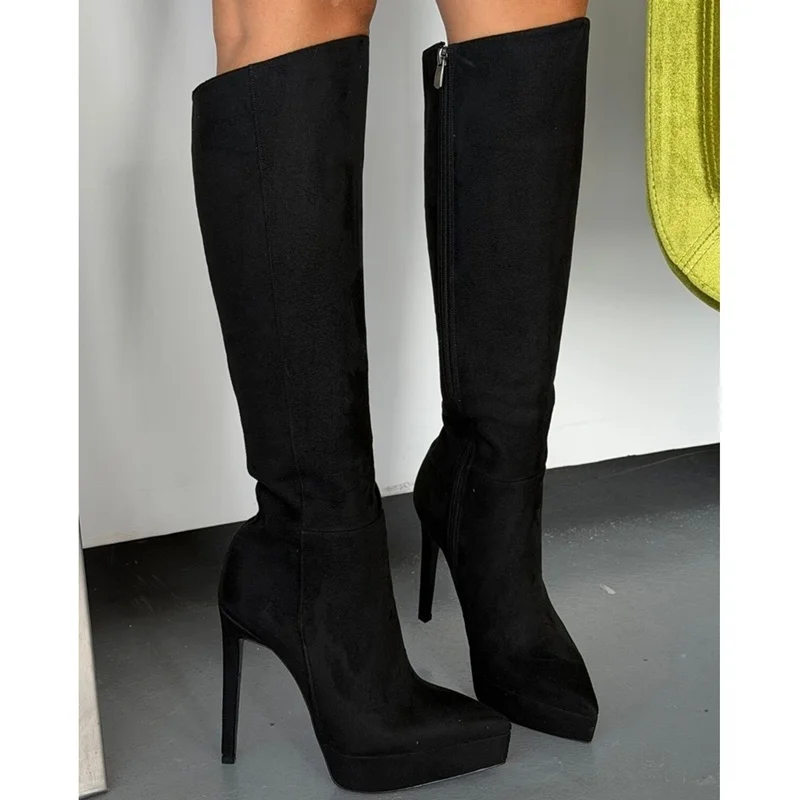 Platfrom Pointed Toe Solid Knee High Boots Sexy Pointed Toe Leather Suede Stiletto Customized New Arrivlas Fashion Women Boots