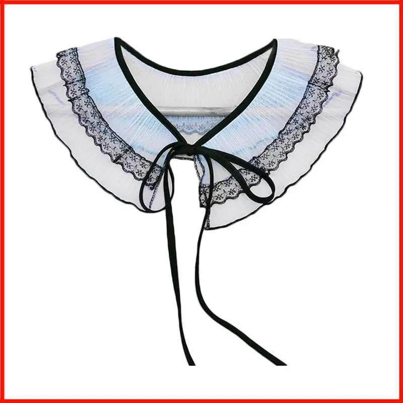 

Women Sweet Wrinkle Pleated Mesh Shawl Fake Collar Contrast Floral Lace Splicing Scarf Necklace Lace-Up Bowknot Half
