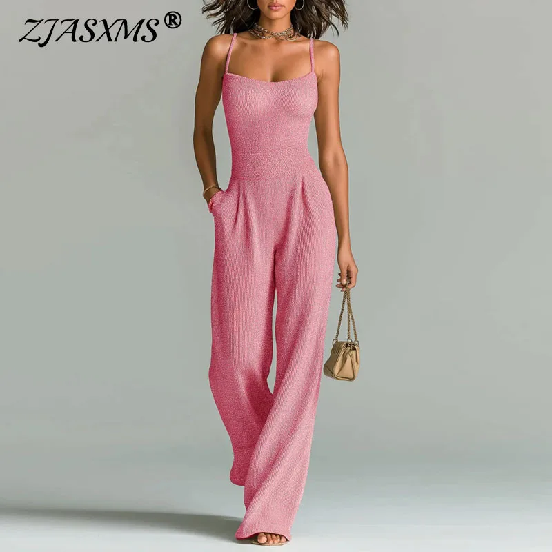

Summer High Waist Women Romper Spaghetti Strap Square Neck Sleeveless Wide Leg Jumpsuit New Casual Solid Daily Vacation Overalls