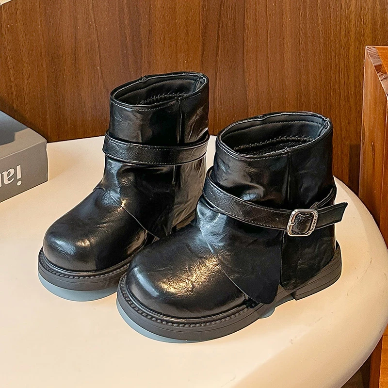 أطفال الأحذية الجلدية النمط البريطاني موضة الفتيات أحذية بوت قصيرة أصابع مستديرة تنوعا 2025 الخريف الشتاء جديد الأطفال الأميرة الأحذية #2
