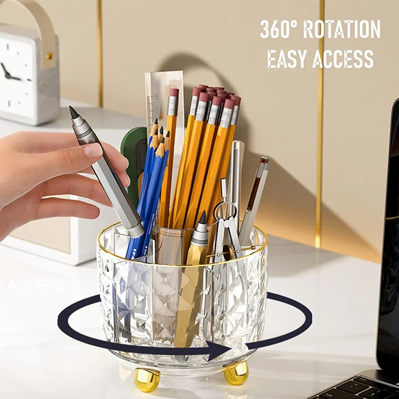 Pencil Holder For Desk, Pen Holder, 360°Rotating Desk Organizers With Dust Cover For Desk, Office, School Clear