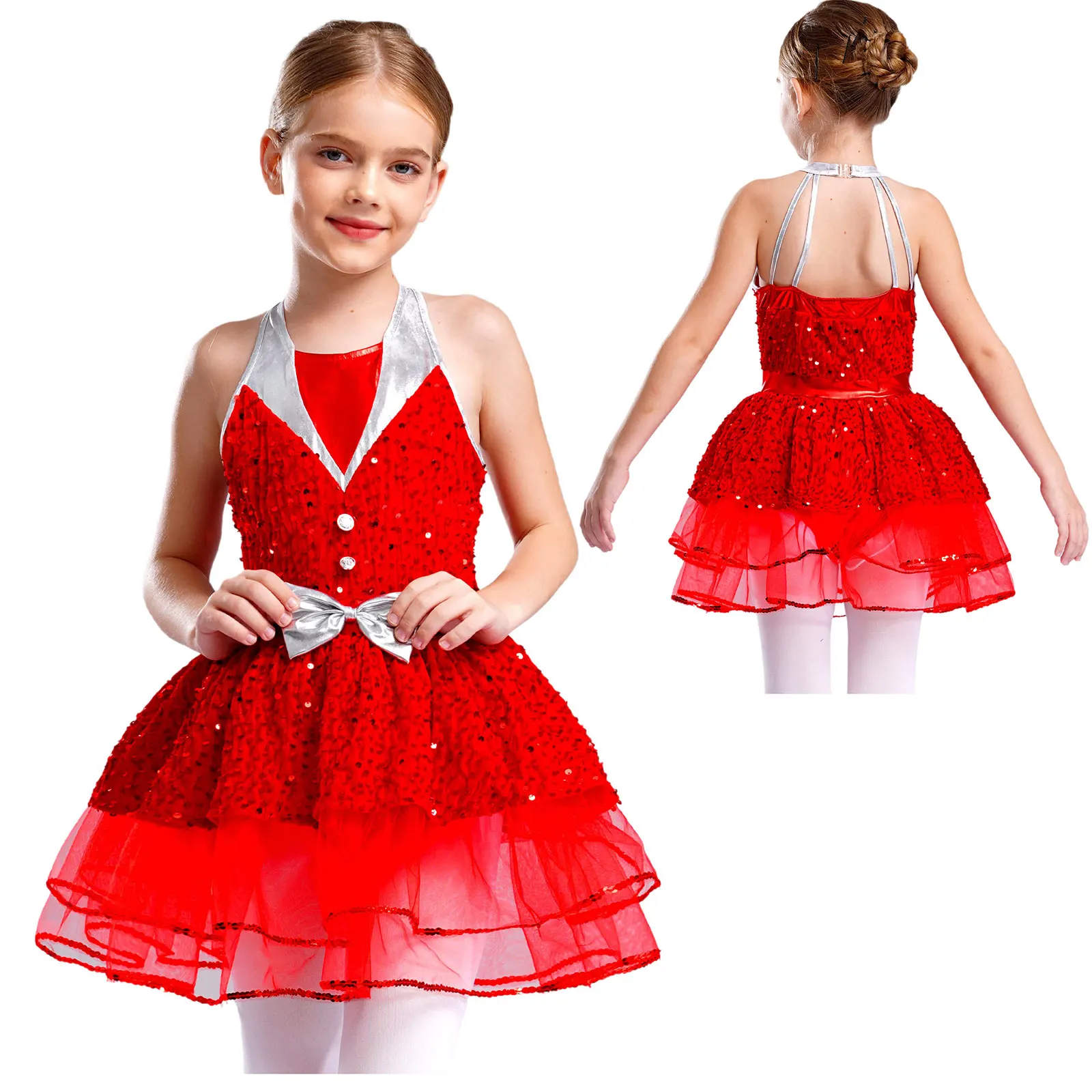 Kid Girl Sleeveless Ballet Skirted Leotard Shiny Dance Tutu Dresses Sequins Gymastics Leotard Figure Skating Performance Costume