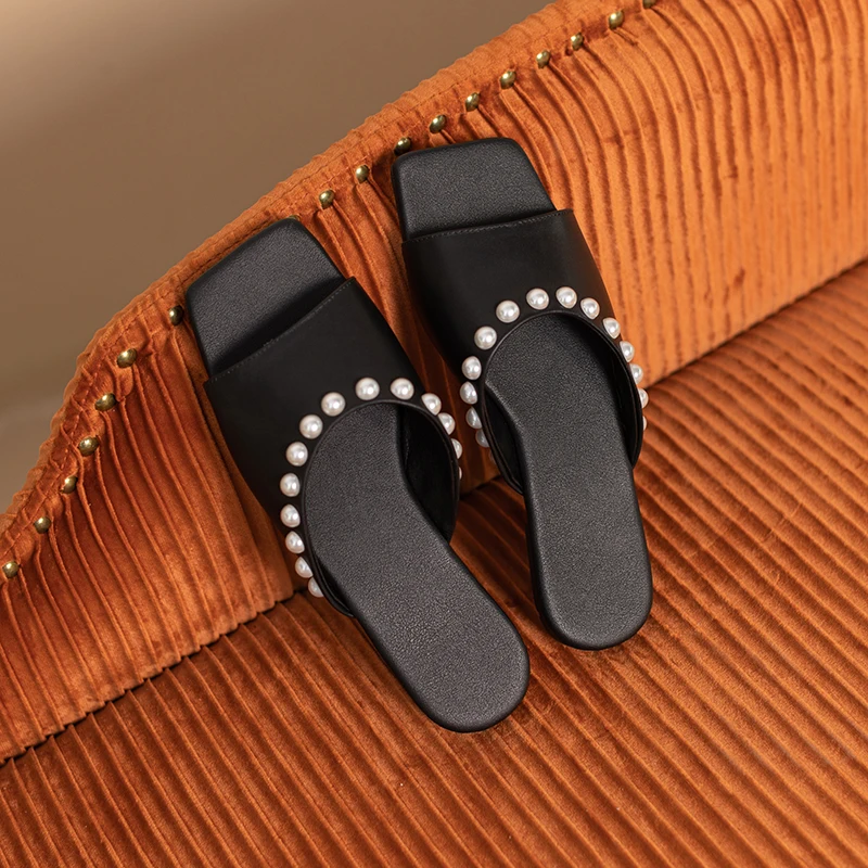 Special Offer Women'S Fashionable Flat Bottomed Square Toe Slippers With Pearl Decoration For Slimming Women'S Sandals Casual