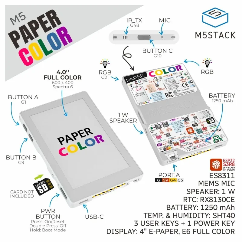 M5Stack PaperColor 4-inch E-ink Spectra 6 Full Color E-Paper Reader Development Board ESP32S3 2.4g WiFi 1250mah Ebook Accessory