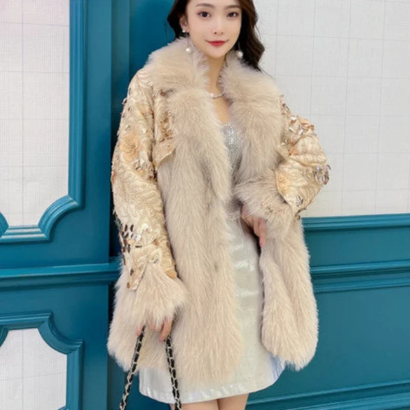 Mid Length Faux Fur Coat for Women, Loose Outwear, V-neck, Sense of Design Jacket, Thick Warm Casual Top, Winter Fashion, New