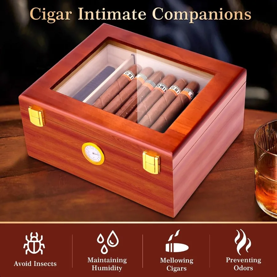 Umidificatore per sigari da tavolo Scatola per sigari con piano in vetro con igrometro Umidificatore e divisore Umidificatore per cedro spagnolo Scatola per sigari in legno