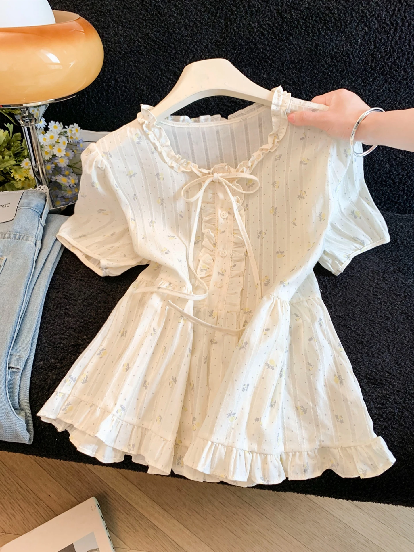 

Sweet Floral Short Sleeve Shirt round Neck Knot Ear Mushroom Guangzhou Thirteenth Women's Summer Fashionable Youthf...