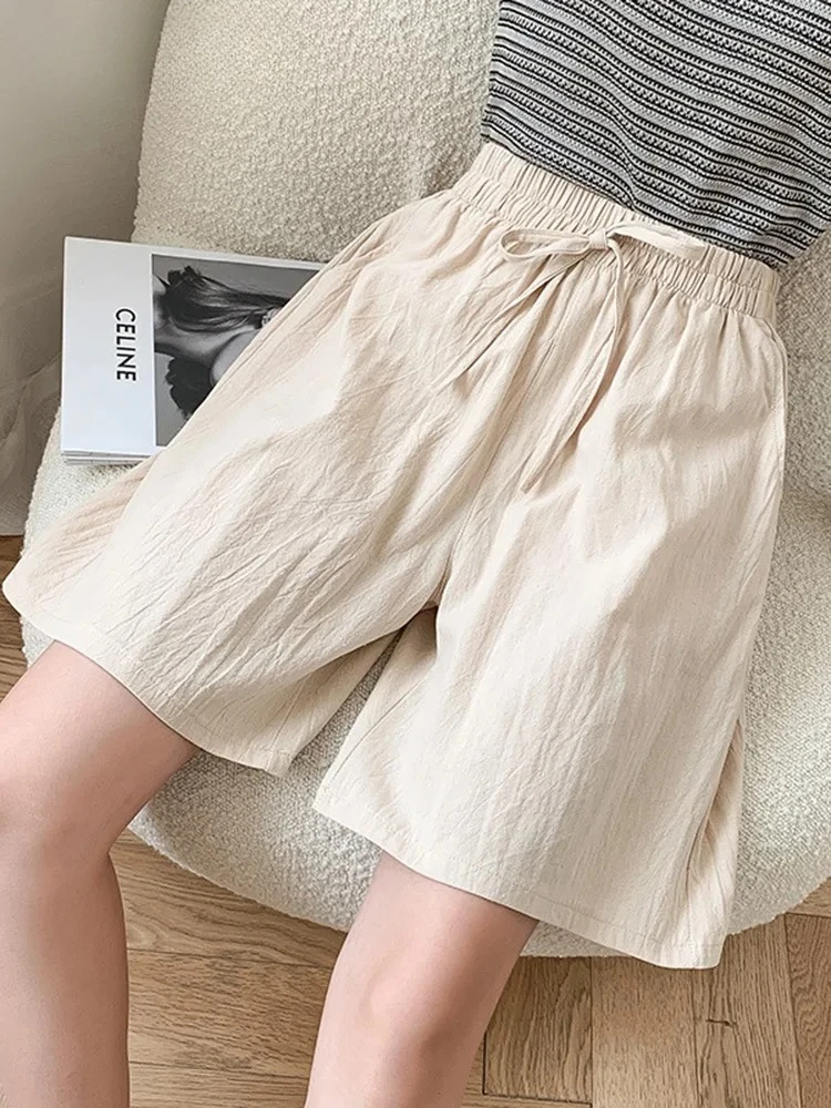 

Хлопковые льняные шорты длиной до колена, женские летние базовые шорты с эластичной резинкой на талии, льняные свободные женские шорты-бермуды для женщин