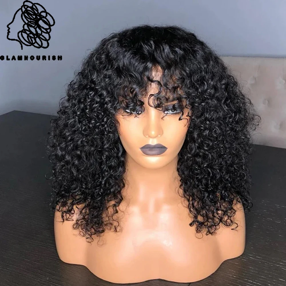 

Black Afro Curly Wigs With Bangs for Black Women Curly Human Hair Wig Glueless Fringe Bang With Deep Wave Wigs Machine Made