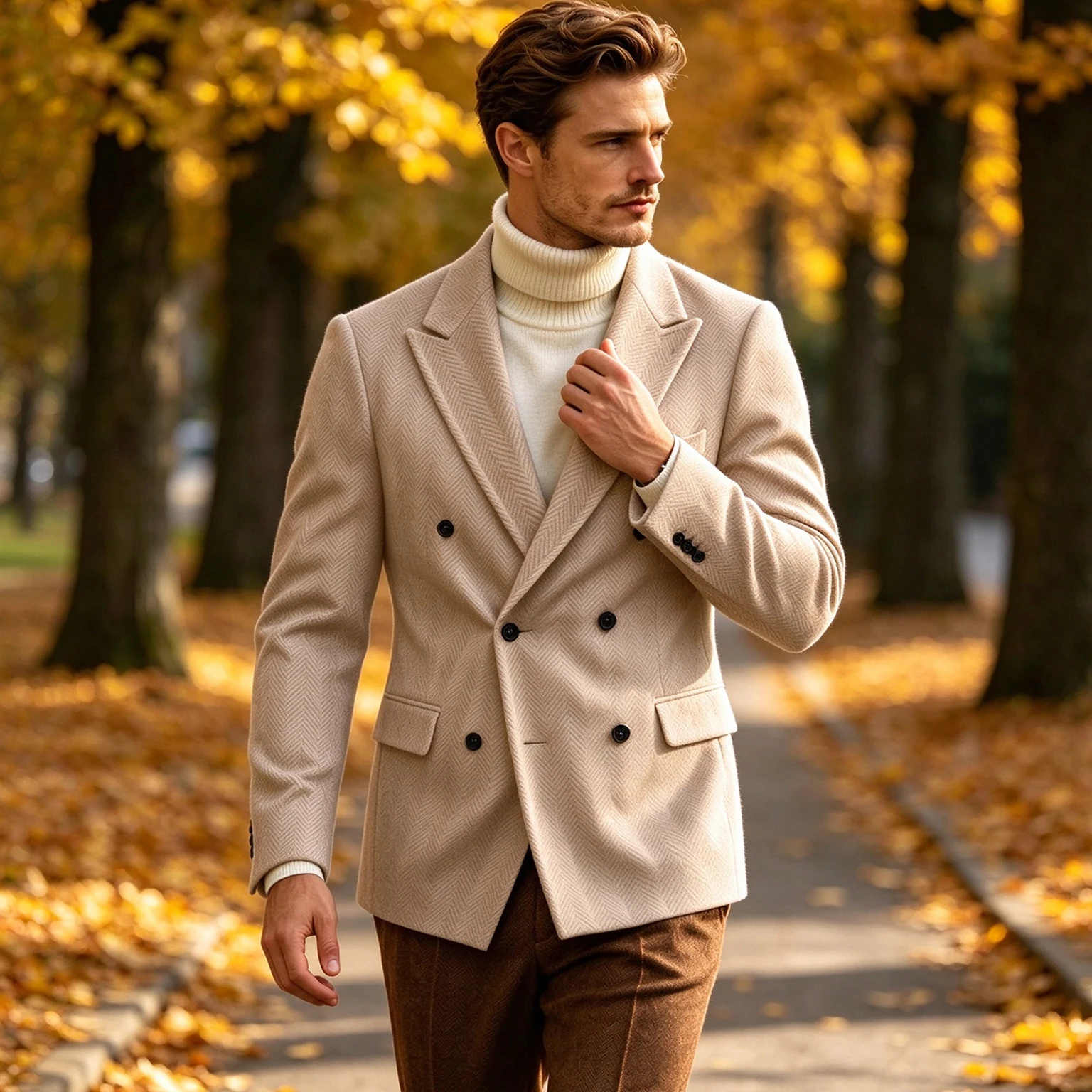Men's Herringbone Tweed Blazer Double Breasted Peak Lapel Wool Blend Suit Jacket Vintage Business Casual Autumn Winter Outerwear