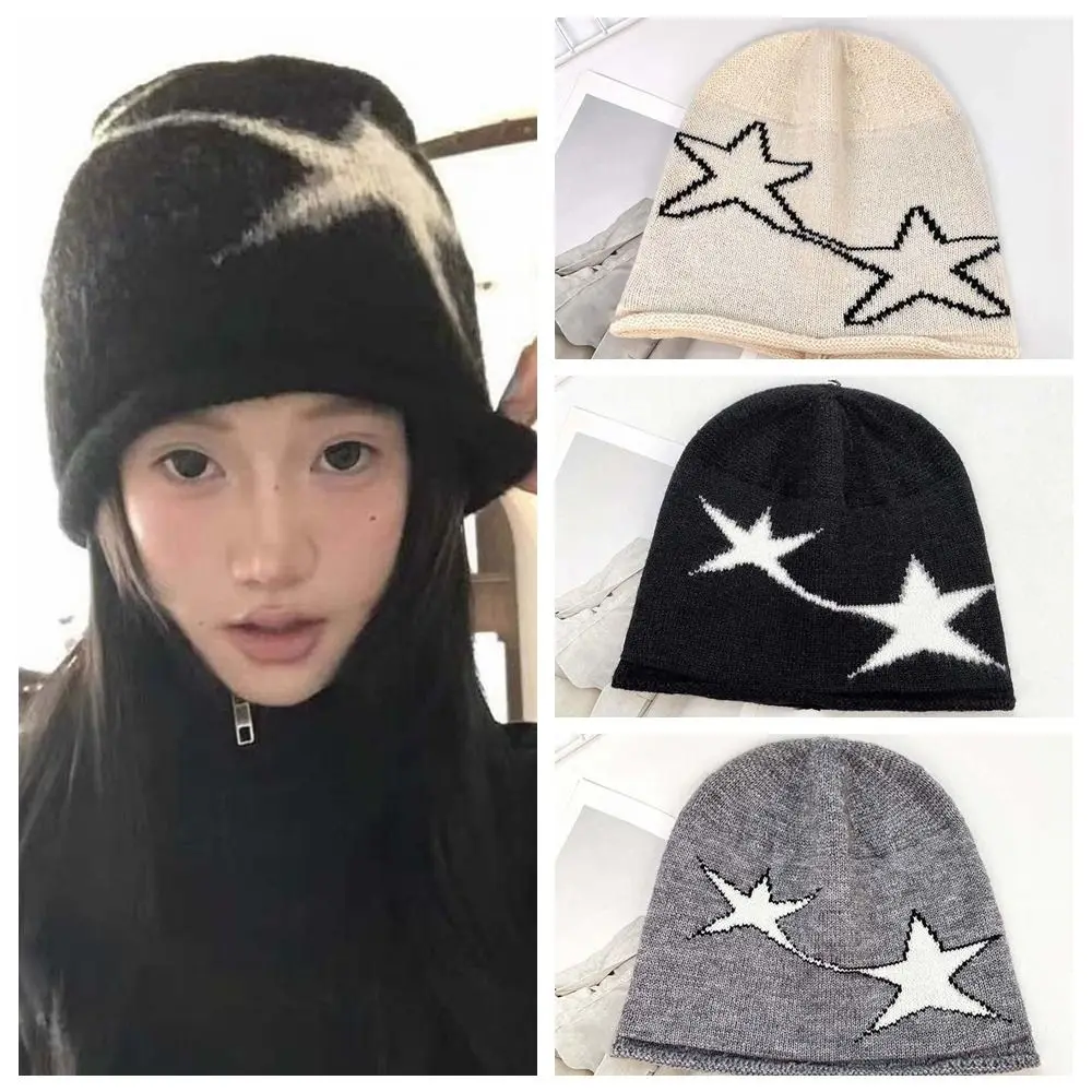

Personality Elastic Star Knitted Hat Hip-hop Streetwear Jacquard Woolen Hat Dome Headgear Brimless Beanie Cap Girls