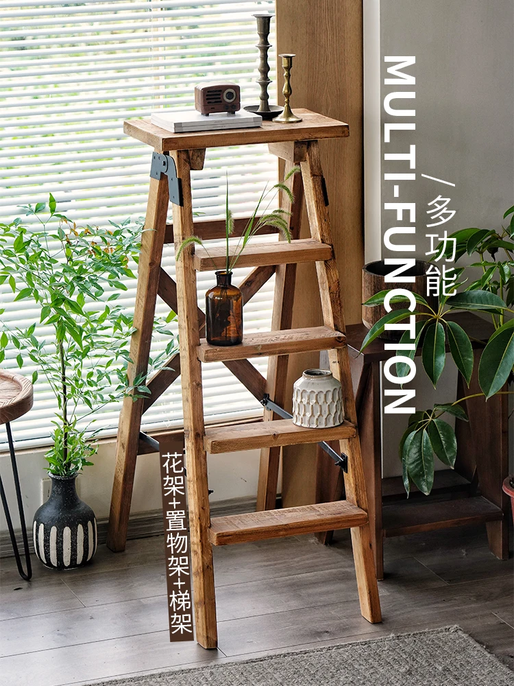 Floor-to-ceiling solid wood ladder herringbone ladder Bedroom shelf Simple flower stand Homestay furniture decorative