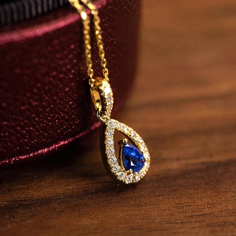 Huitan Dainty Teardrop Pendant Necklace Lady Delicate Wedding Jewelry with Blue Zirconia Attractive Women Valentines Day Gift