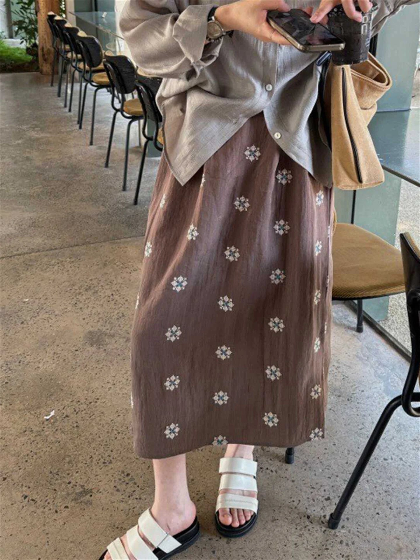 BANA Brown Embroidered A-Line Midi Skirt Women's Summer 2026 New High Waist City Commute Casual Style Standard Fit Elastic Waist