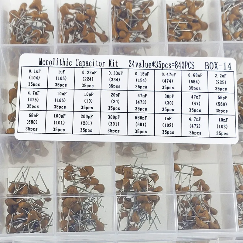 840PCS Ceramic Capacitor Assortment Kit 10pF 10uF 50V 24 Values Multilayer Ceramic Capacitor Set DIY Electronics